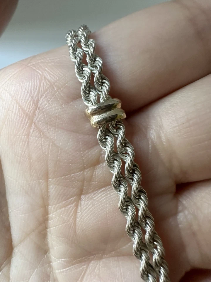 Vintage Sterling Silver Solid 14k Gold Rope Chain Bracelet 7” - Image 4 of 4