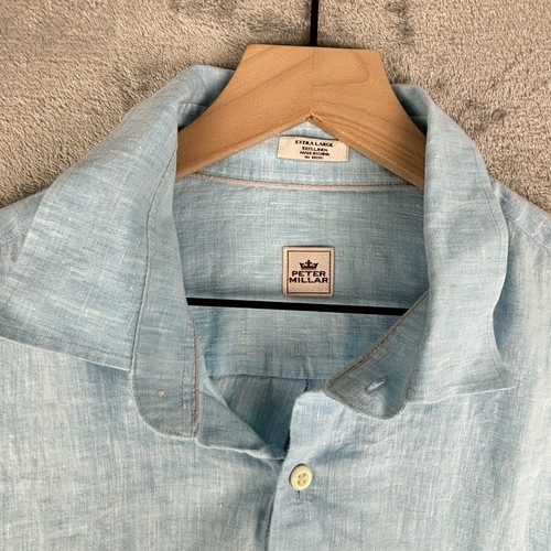 Peter Millar Shirt Mens XL Blue Garment Dyed Linen Casual Button Up Long Sleeve - Picture 6 of 12