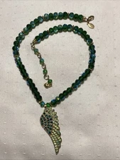 Vintage Kirks Folly Fly Home Angel Wing Necklace Green Aurora Borealis Beads