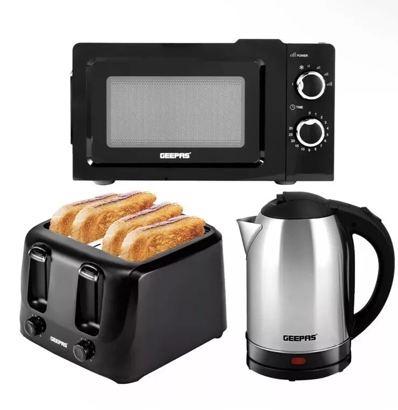 Geepas 1.8L Steel Kettle & 4-Slice Toaster Microwave Kitchen Set - Black