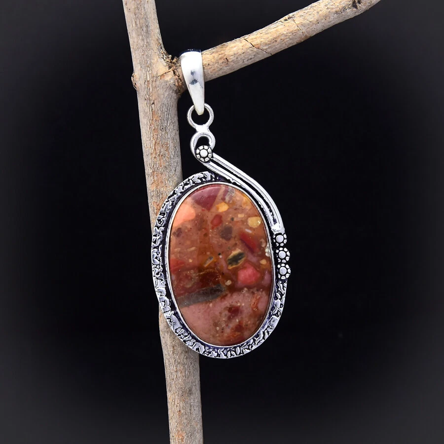 Fantastici Uccello Occhio Diaspro Gemma 925 Argento Sterling Mano Ciondolo 7.1cm - Immagine 3 di 3