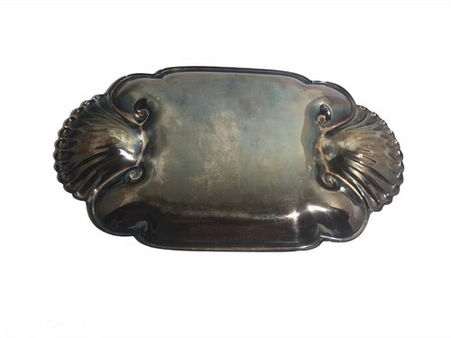Vtg Silver-Plate Long Engraved Serving Shrimp Platter Tray with Shell Handles - Picture 3 of 10