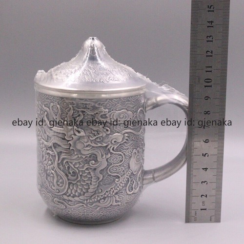 Feiner 999 reiner Silber Becher Handarbeit Drachenmuster mit Deckel Teetasse Becher 5,11 Zoll hoch - Bild 1 von 11