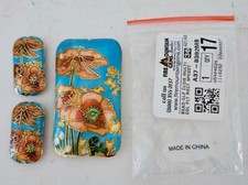 3 Piece Set Cloisonne Floral Beads Blue with Flowers, Gold Trim  New