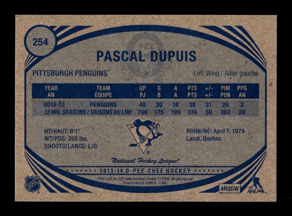 PWE READ stock photo . 2013-14 opc o-pee-chee retro #254 pascal dupuis - Image 2 of 2