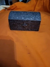 Ornate metal Vintage Jewellery Box Dressing Table silver plate red lining Heavy