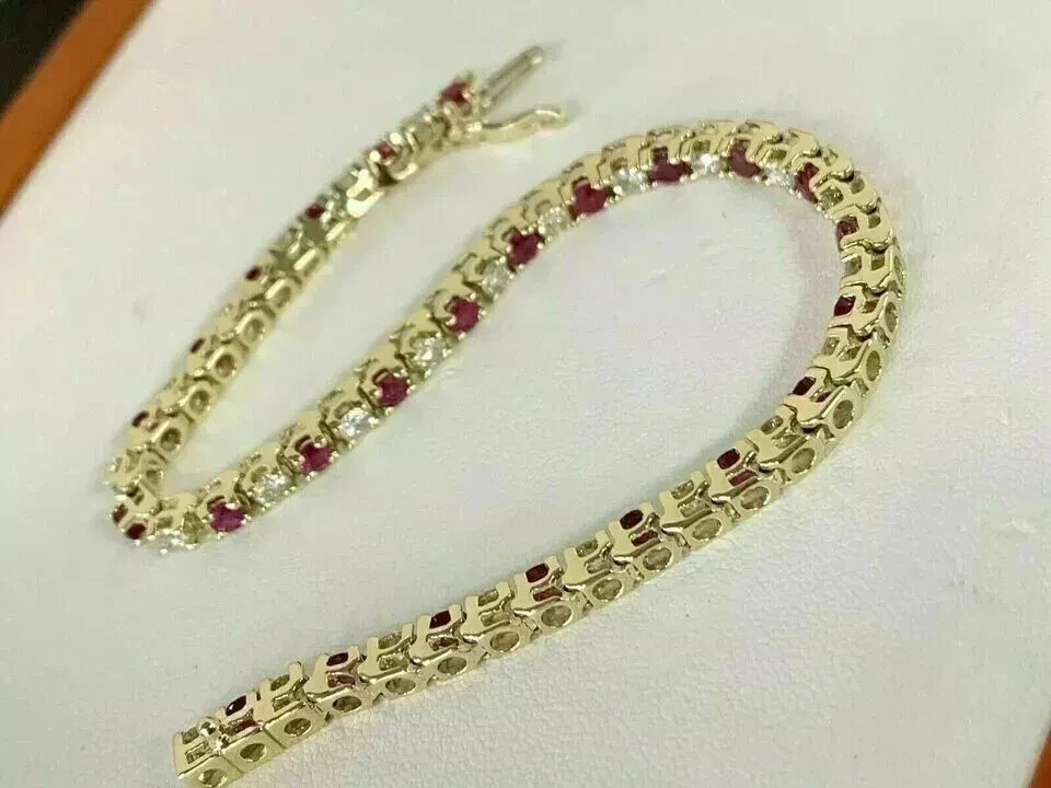 9Ct Lab Created Ruby & Diamond Women 7.5" Tennis Bracelet 14K Yellow Gold Finish - Image 3 of 4