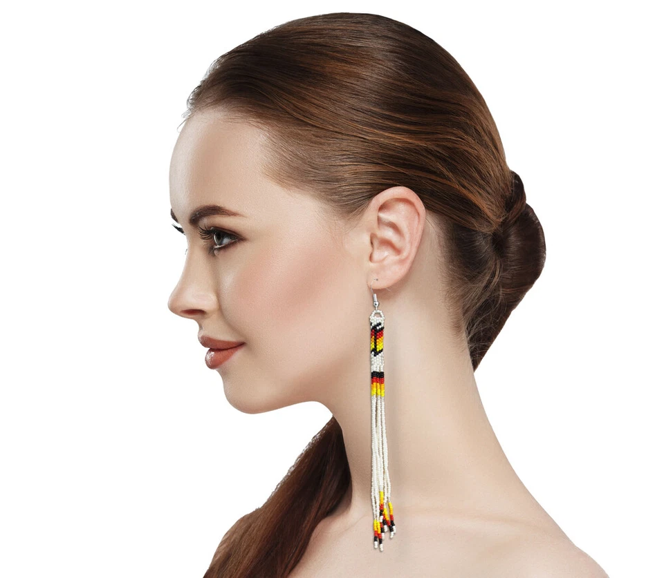 Pendientes de cuentas extra largas estilo nativo tribal con cuentas hechos a mano (crema) Foto 2 de 3