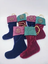  Mini Velvet Stocking Ornaments Set of 6 Blue Red Green Beaded Embellished Set