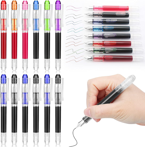 12 Pieces Disposable Fountain Pens, Quick-Drying Ink Pen, Smooth-Writing Multico