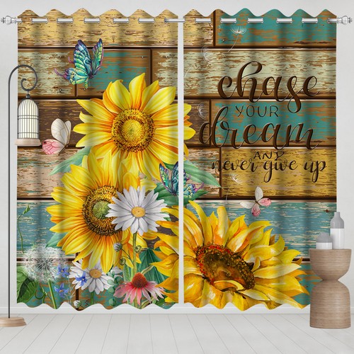 Vintage Mariposa Girasol 3D 2 Paneles Ventana Cortinas Bloqueo Tela - Imagen 2 de 11