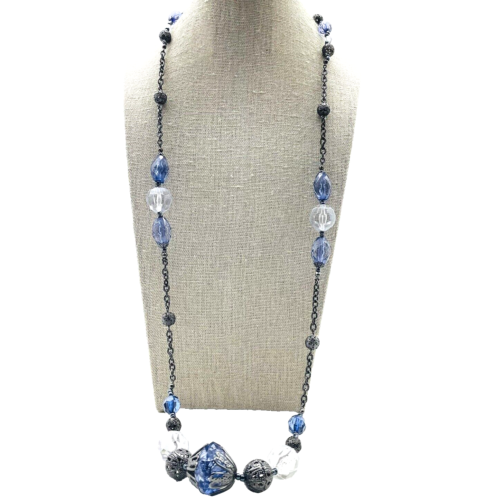 AVON Purple Bead Necklace Gunmetal Stations Chain Filigree Classic