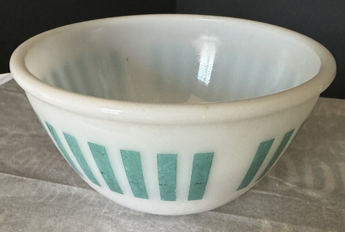 Vintage MCM Hazel Atlas Turquoise Candy Stripe Small Mixing Bowl 3" Tall Retro - 第 2/4 張圖片