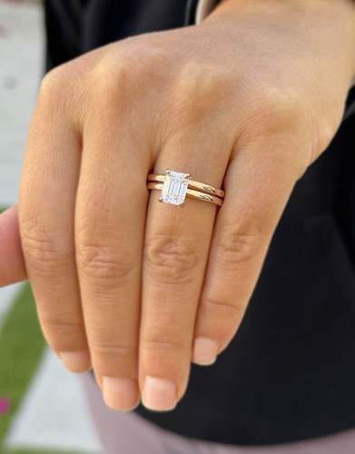 Anillo de compromiso de diamantes talla esmeralda certificado IGI 14 k oro rosa macizo 1,60 ctw - Imagen 2 de 12