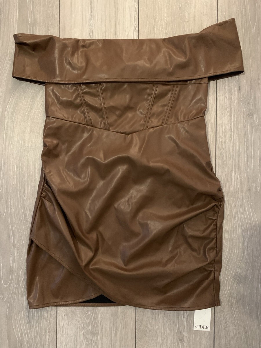 New Women's CIDER Brown pu leather mini dress Size L | eBay UK