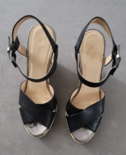 Cole Haan Women's Black Sandals Espadrille Criss Cross Wedge Leather Size 7B