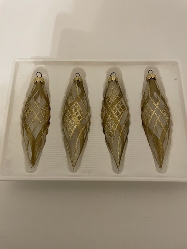 KURT S ADLER TEAR DROP KRINGLE GLASS GOLD ROMANIA 5” ORNAMENTS W/BOX SET OF 4