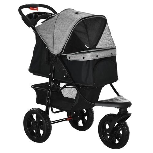 Pawhut Folding 3 Wheel Pet Stroller Adjustable Canopy 12KG Dog Pushchair Grey - Picture 2 of 8