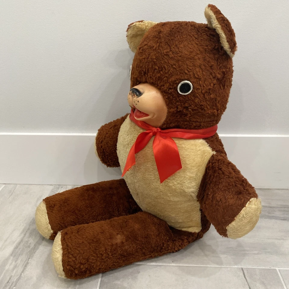 VINTAGE 24” RUBBER FACE PLUSH TEDDY BEAR YELLOW BROWN GOOGLY EYES 1950S 6OS TOY - Image 3 of 4