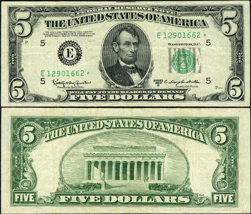 FR. 1965 E* $5 1950-D Federal Reserve Note Richmond E-* Block VF+ STAR
