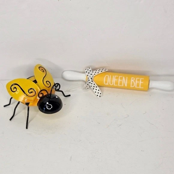 Rodillo de madera de abejorro amarillo de metal y abeja reina bandeja en niveles decoración Foto 4 de 4