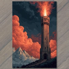 Art Print Flaming Tower Red Clouds Fire Summit Peak Castle Spire Fantasy Inferno