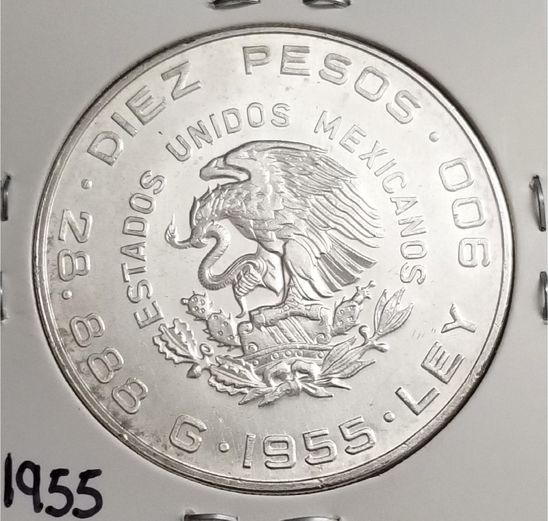 Mexico Diez Pesos Hidalgo 1955 .900 Large Coin Silver, Plata .900, KEY-DATE