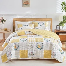 Joyreap 3 Pieces Floral Patchwork Quilt Set Queen, Yellow N White Flowers Design
