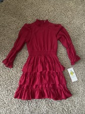 Rare Editions Girls Red Holiday Dress Sz 12 Sheer Swiss Dot Tiered Long Sleeve