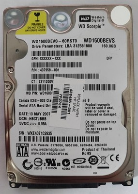 Western Digital WD1600BEVS-60RST0 - 160GB 5,4K U/min SATA 9.5mm 2,5'' Festplatte