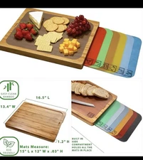 Bamboo Wood Cutting Board 7 Color-Coded BPA-Free Mats – Premium Serving Tray