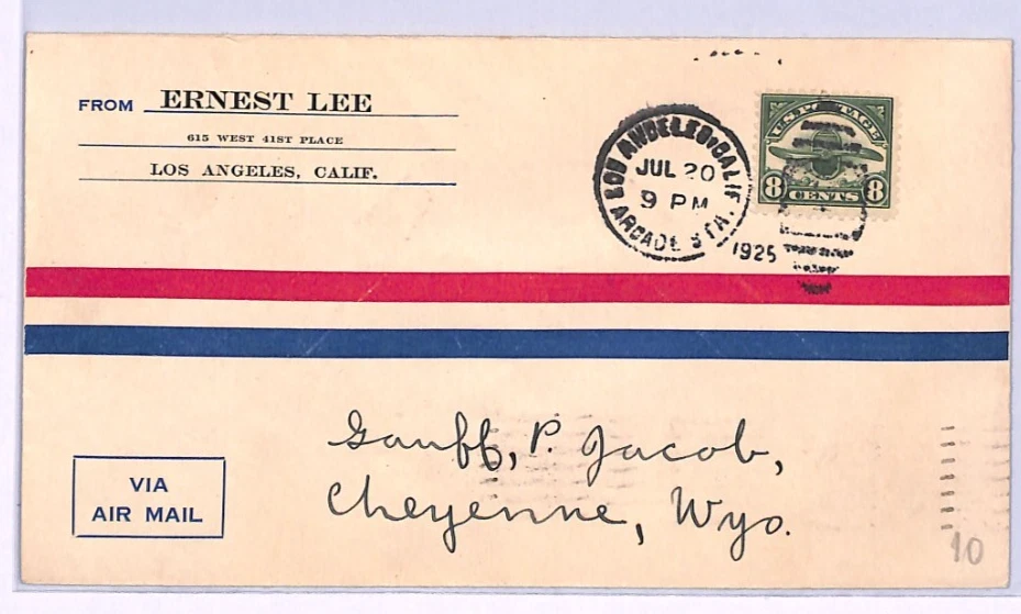 USA Air Mail 8c PROPELLER (#C4) Cover 1925 Los Angeles Cheyenne Wyoming XA26 - Image 2 of 4