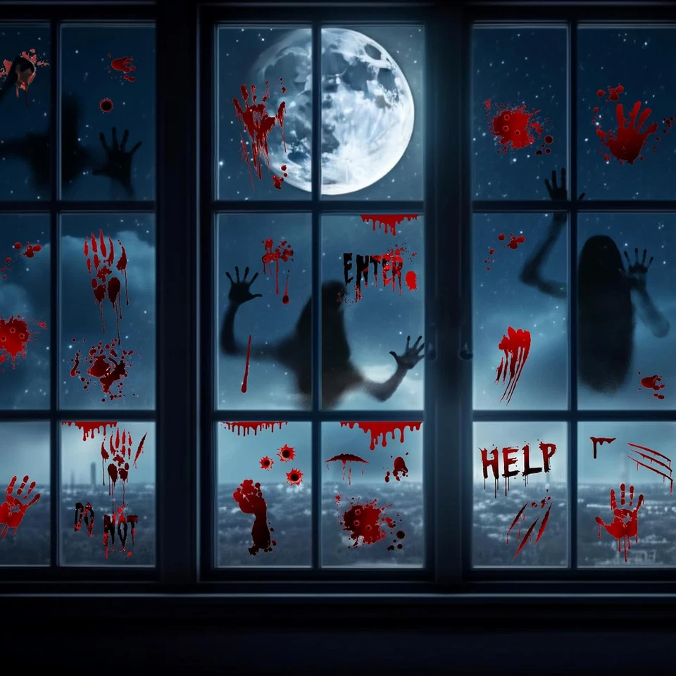 19 hojas de calcomanías de terror de Halloween con estampado de manos sangrientas para ventanas  Foto 3 de 4