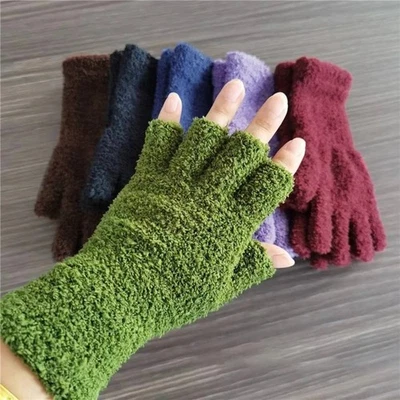 Ladies Women Soft Warm Half Finger Fashion Fluffy Coral Fleece Fingerless Gloves