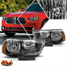 For 11-14 Dodge Charger Black Housing Amber Corner Direct Bolt-on Headlight Set