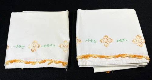 Pair of Vintage Cotton Embroidered Pillowcases w/ Orange Trim
