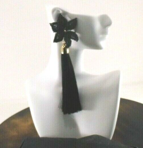 Flower Beaded Tassel Earrings Black by Une Douce