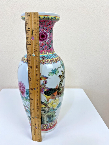 Vintage Chinese Famille Rose Porcelain Pheonix Vase Peonies Signed 12" x3.5" - Picture 3 of 13