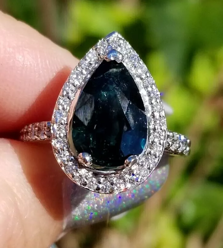 BLUE GREEN TOURMALINE DIAMOND EMERALD CUT COCKTAIL RING DOUBLE BAND 14 ROSE  GOLD