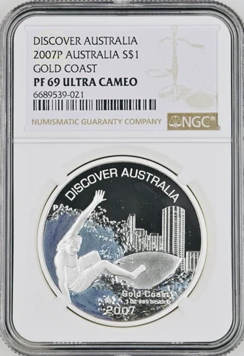 2007 Discover Australia Gold Coast Surfing 1 oz .999 Silver NGC PF69 Ultra Cameo
