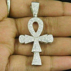 Authentic 2Ct Round Genuine Moissanite Ankh Cross Charm Pendant 14k White Gold Plated