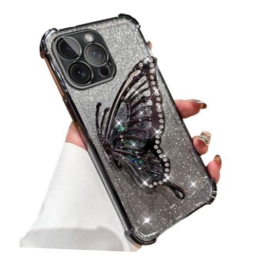for iPhone 16 Pro Max Case 3D Butterfly Kickstand,Cute Bling Glitter Black