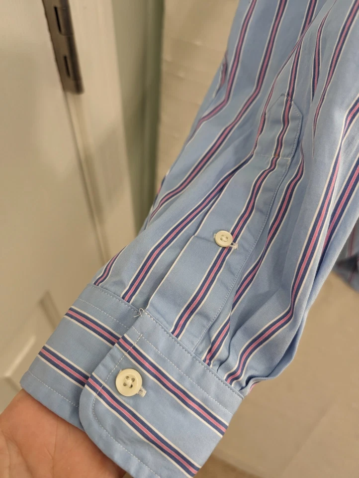 American Living Hombre M Botón Abajo Vestido Camisa Azul Rosa Rayas Mangas Largas Foto 3 de 4