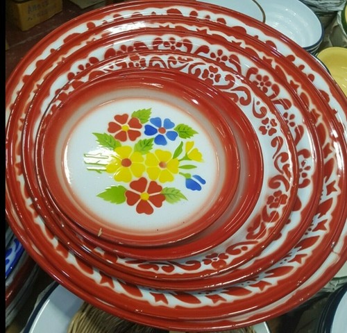 Set 8 Enamel Tray Thai Kitchenware Floral Pattern Vintage Art Decor Fruit Plate - Picture 12 of 12