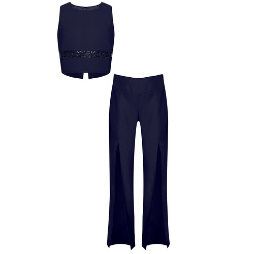 Kids Girl Sparkly Sequin Tops with Split Design Pants Set for Banquet Wedding - Picture 16 of 39