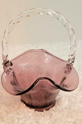 Fenton Twisted Handle Glass Basket Plum Mulberry Purple 8" Tall Ruffled MCM