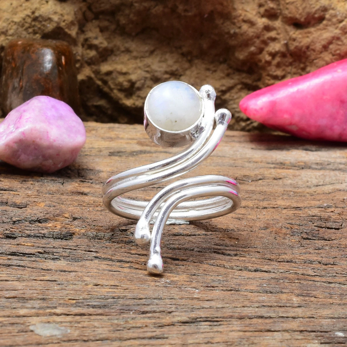 Anello Pietra Nascita Giugno – Pietra Di Luna In Argento Sterling 925 – Corda Intrecciata – Taglie Da 8 A 23