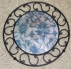 WROUGHT IRON TABLE TRIVET with TEMPERED GLASS INSERT - Floral Design