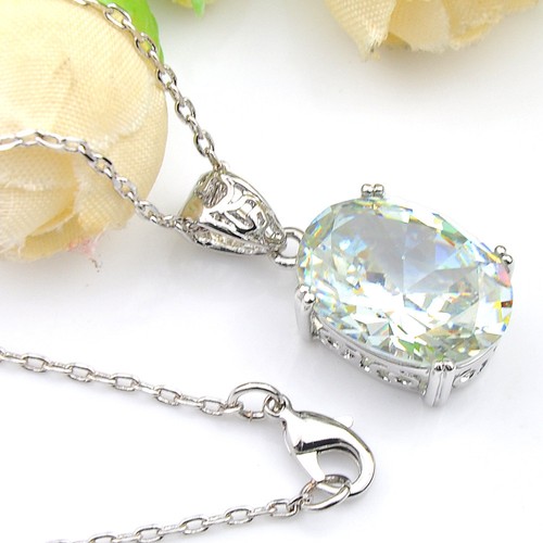 Conjunto de joyas ovaladas brillantes de topacio blanco fuego plata pendientes colgantes collar - Imagen 6 de 9