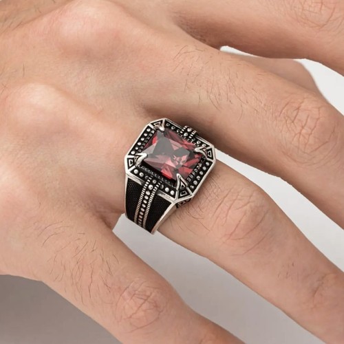 Men's Ring Garnet Red Stone 925 Sterling Silver Jewelry Size 7-14 - Picture 3 of 5